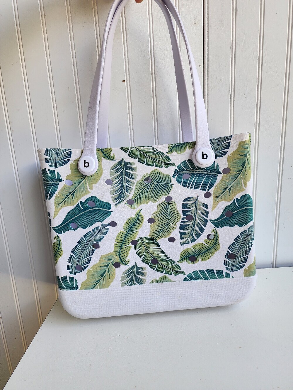 Baby Bag Foam White Green Palm Leaf Beach Tote Shoulder 13" × 12" × 5"